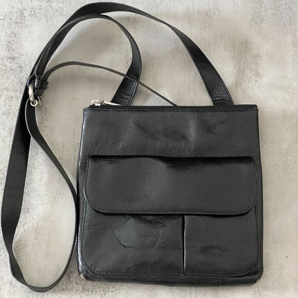 Vintage Hobo International Rectangular Black Leather Zip Crossbody Shoulder Bag - Picture 1 of 12